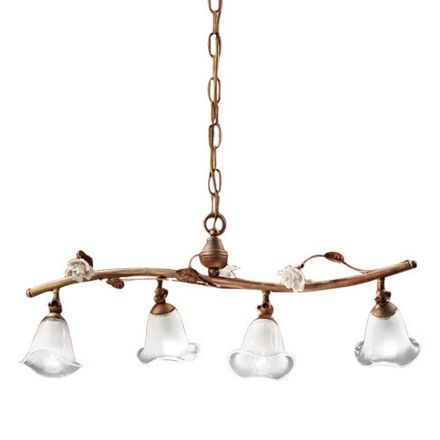 Linear Suspended Lamp 4 Lights in Iron, Glass and Ceramic Roses - Siena Viadurini