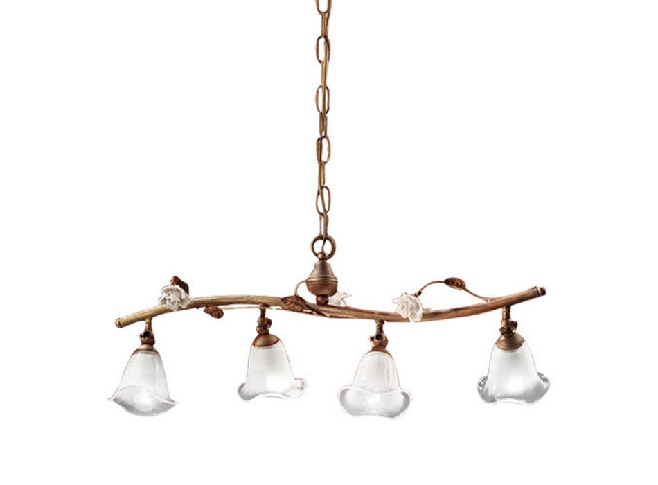 Linear Suspended Lamp 4 Lights in Iron, Glass and Ceramic Roses - Siena Viadurini