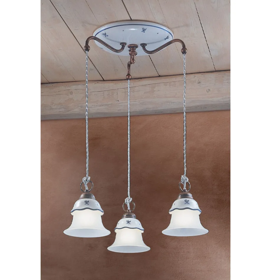 Round Hanging Lamp in Iron, Glass, Hand Painted Ceramic - Ferrara Viadurini