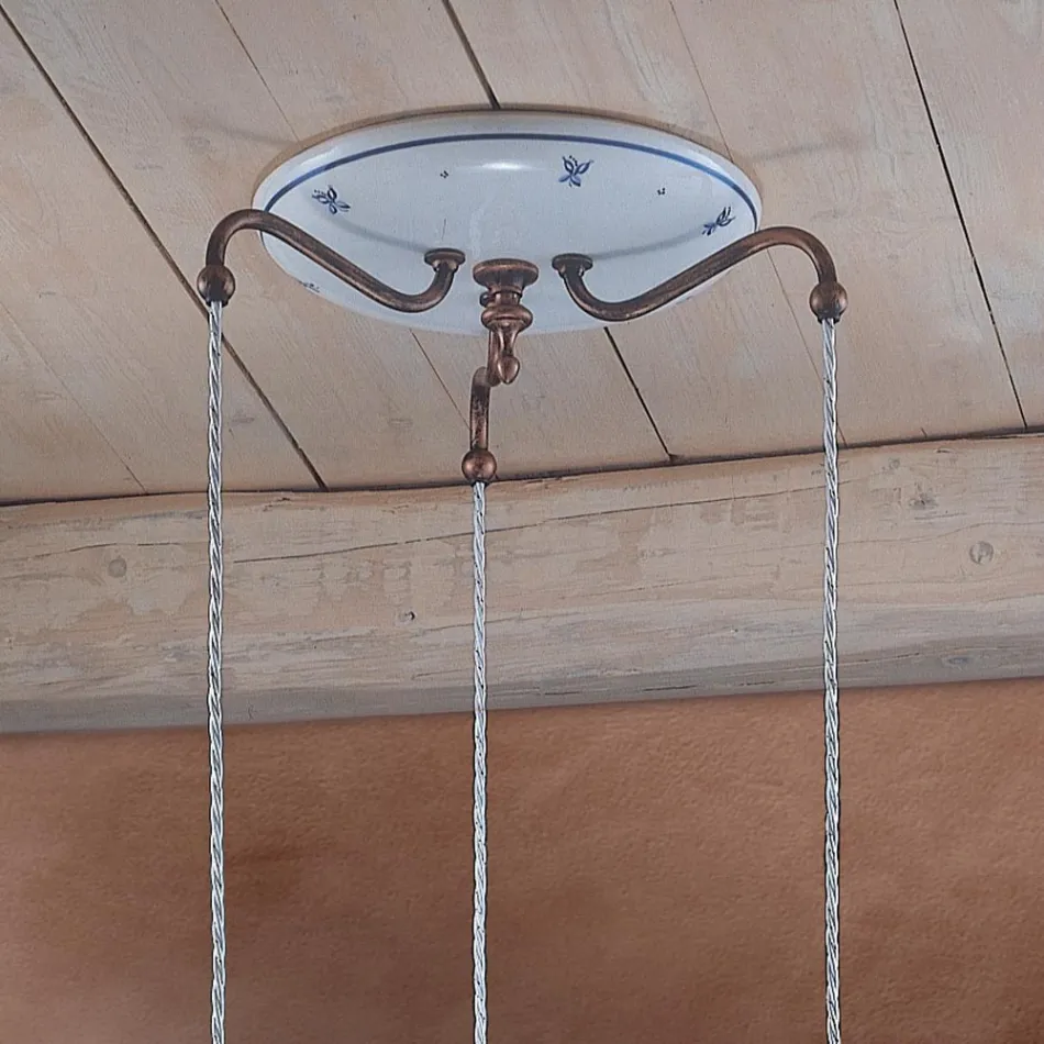 Round Hanging Lamp in Iron, Glass, Hand Painted Ceramic - Ferrara Viadurini