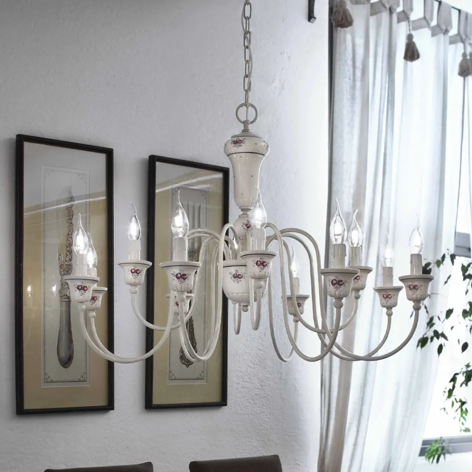 Chandelier 12 Lights Artisan Hand Painted Ceramic and Brass - Sanremo Viadurini