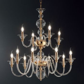 Classic Chandelier 12 Lights in Italian Handmade Glass and Metal - Memore