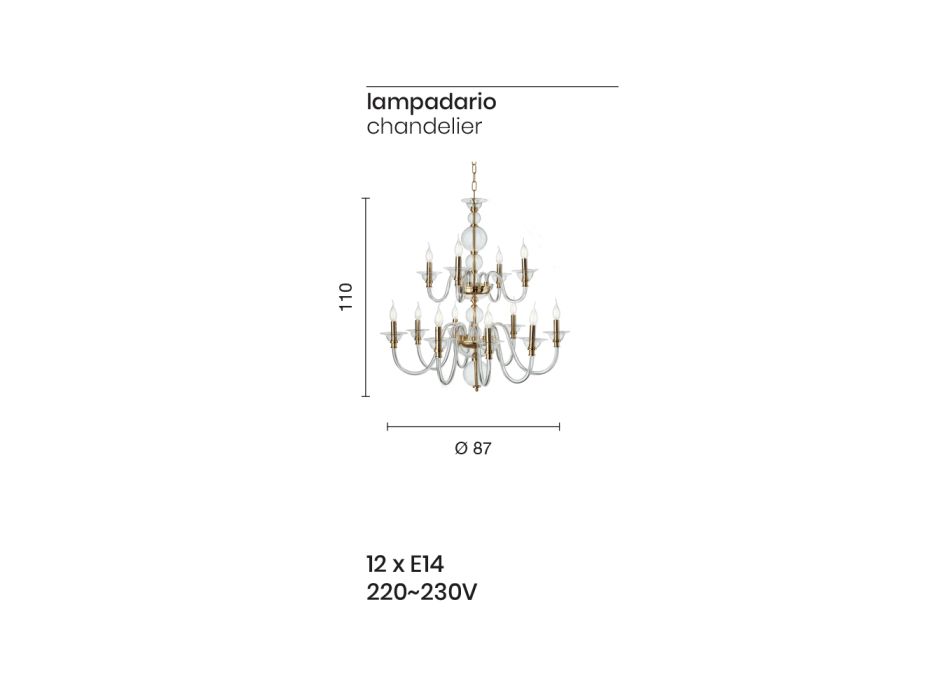 Classic Chandelier 12 Lights in Italian Handmade Glass and Metal - Memore