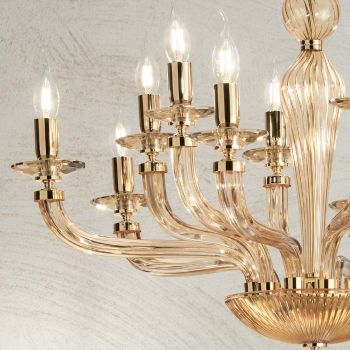 Classic 12 Lights Chandelier in Handmade Rigaton Glass and Gold Metal - Fievole
