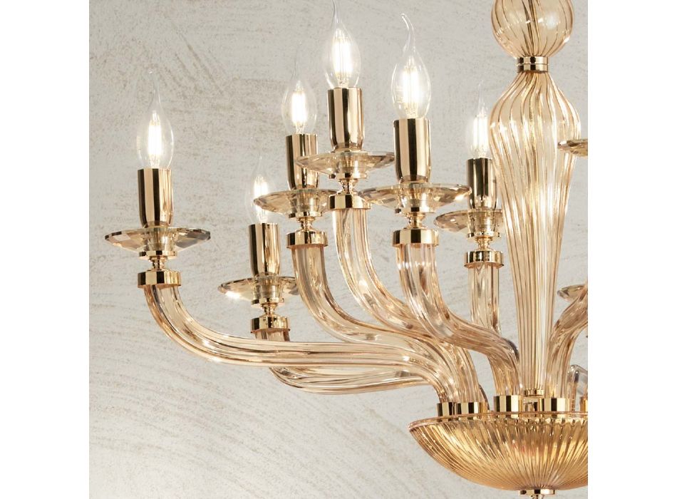 Classic 12 Lights Chandelier in Handmade Rigaton Glass and Gold Metal - Fievole