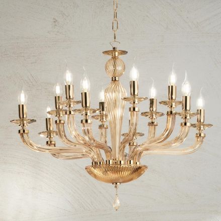 Classic 12 Lights Chandelier in Handmade Rigaton Glass and Gold Metal - Fievole Viadurini