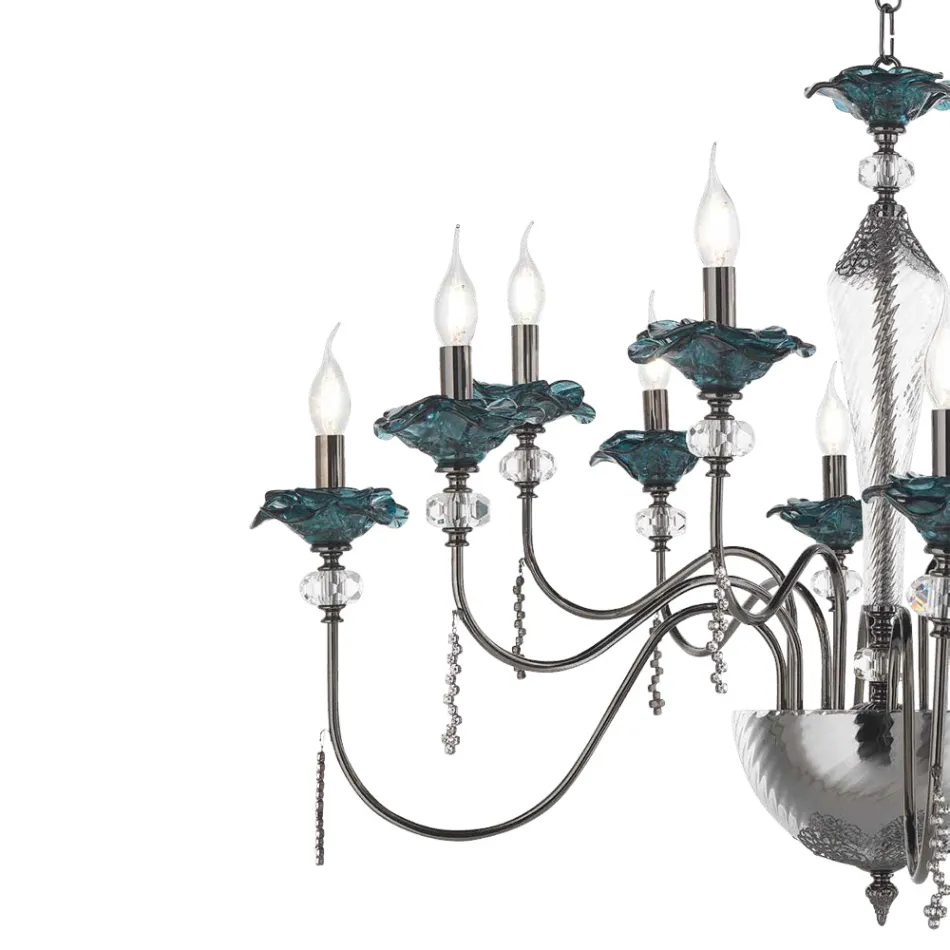Classic 12 Lights Chandelier in Glass, Crystal and Luxury Metal - Flanders Viadurini