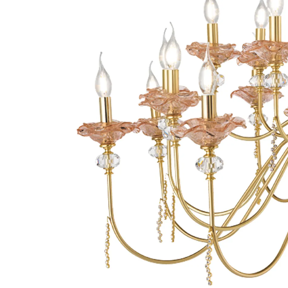 Classic 12 Lights Chandelier in Glass, Crystal and Luxury Metal - Flanders Viadurini