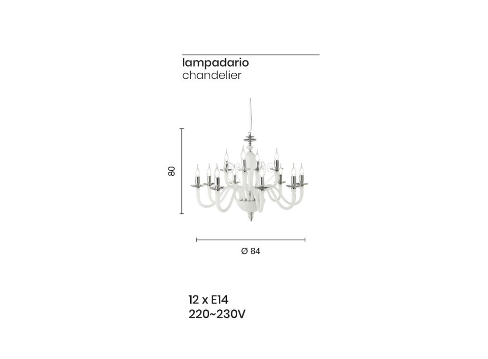 Classic 12 Lights Chandelier in Handmade Glass and Crystal - Mariangela