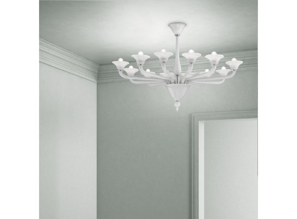 12 Lights Chandelier in White Venice Glass and Chromed Metal - Ismail