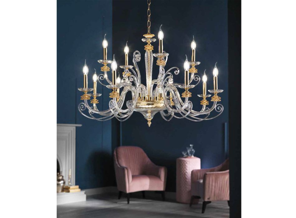 12 Lights Chandelier in Blown Glass and Classic Luxury Crystal - Cassea
