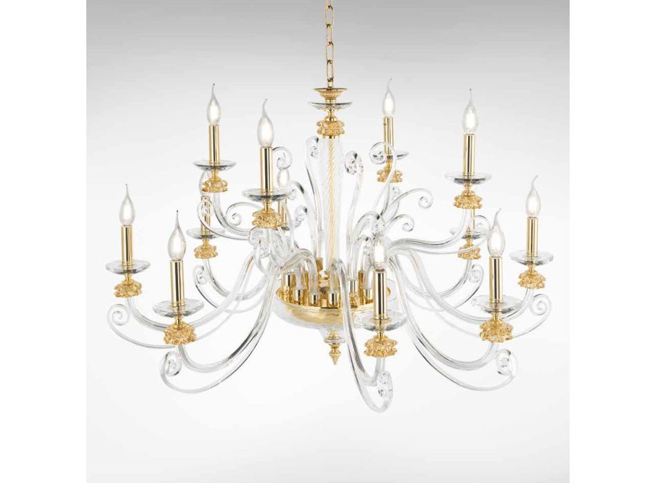 12 Lights Chandelier in Blown Glass and Classic Luxury Crystal - Cassea Viadurini