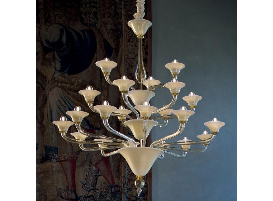 Chandelier 21 Lights in Venice Glass and Gold Metal Made in Italy - Ismail