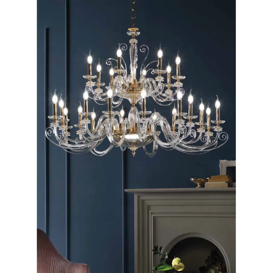 24 Lights Chandelier in Blown Glass and Classic Luxury Crystal - Cassea Viadurini