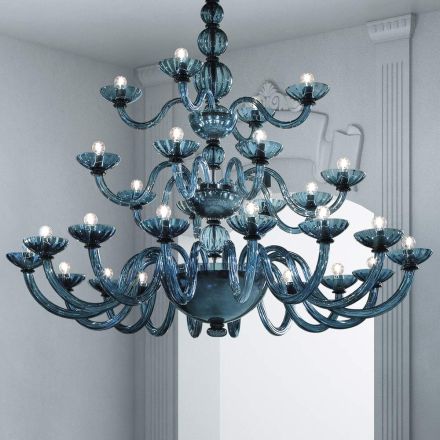 Handcrafted Chandelier 28 Lights in Blue Venetian Glass and Metal - Foscarino Viadurini