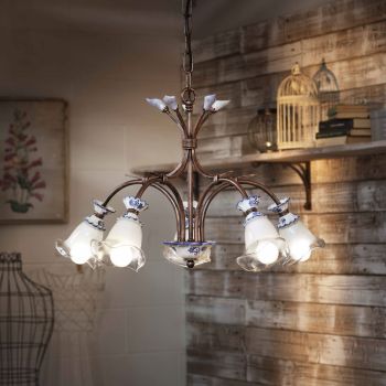 5 Lights Artisan Metal, Ceramic and Floral Glass Chandelier - Vicenza