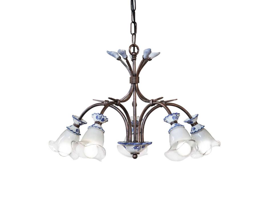 5 Lights Artisan Metal, Ceramic and Floral Glass Chandelier - Vicenza Viadurini