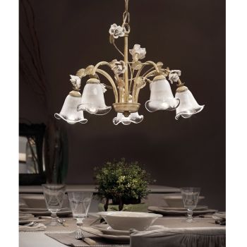 5 Lights Chandelier in Iron and Sandblasted Glass with Ceramic Roses - Siena