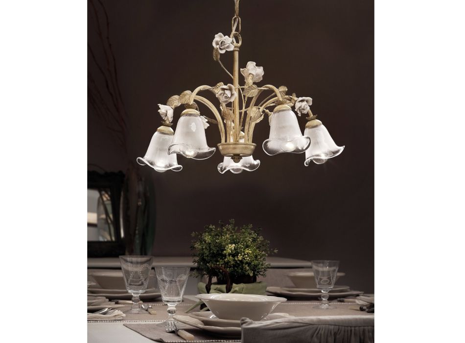 5 Lights Chandelier in Iron and Sandblasted Glass with Ceramic Roses - Siena
