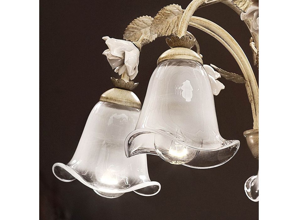 5 Lights Chandelier in Iron and Sandblasted Glass with Ceramic Roses - Siena Viadurini