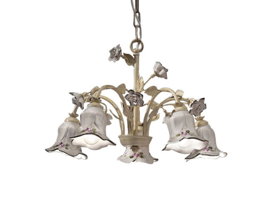 5 Lights Chandelier in Metal and Hand-Decorated Ceramic and Roses - Pisa