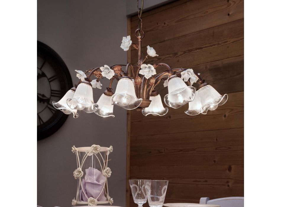 8 Lights Chandelier in Iron and Sandblasted Glass with Ceramic Roses - Siena Viadurini