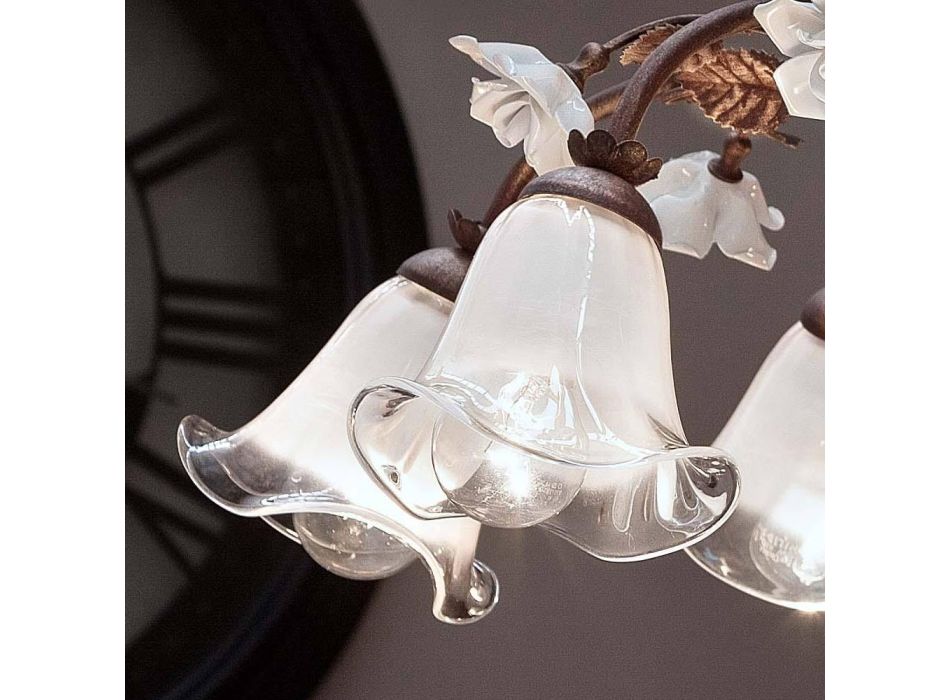 8 Lights Chandelier in Iron and Sandblasted Glass with Ceramic Roses - Siena