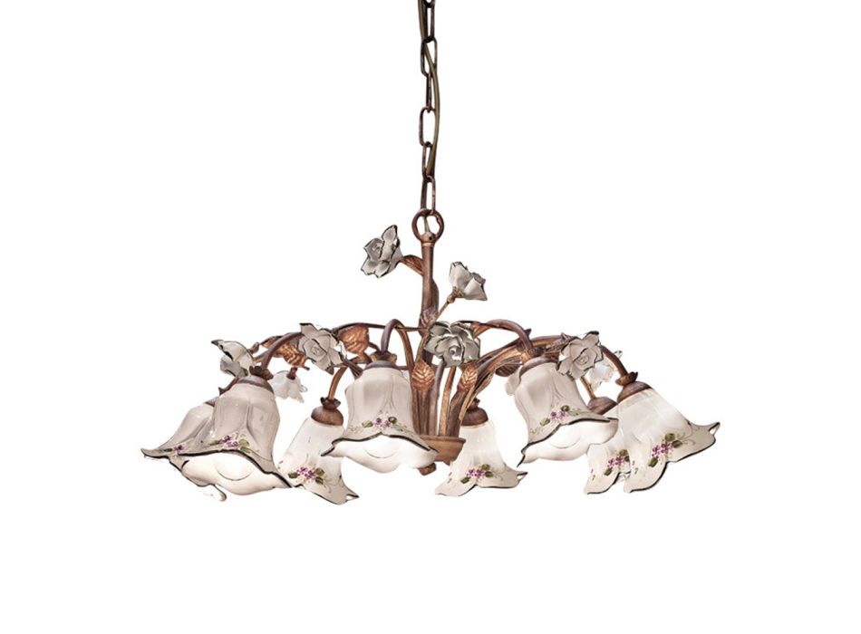 8 Lights Chandelier in Metal and Hand-Decorated Ceramic and Roses - Pisa Viadurini
