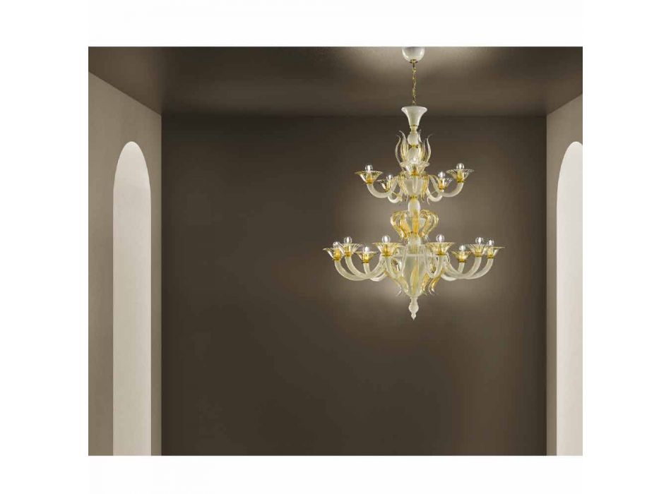 15 Lights Chandelier in White and Gold Venetian Glass, Made in Italy - Agustina