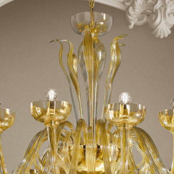 16 Lights Chandelier in Venetian Glass and Gold, Handmade in Italy - Regina