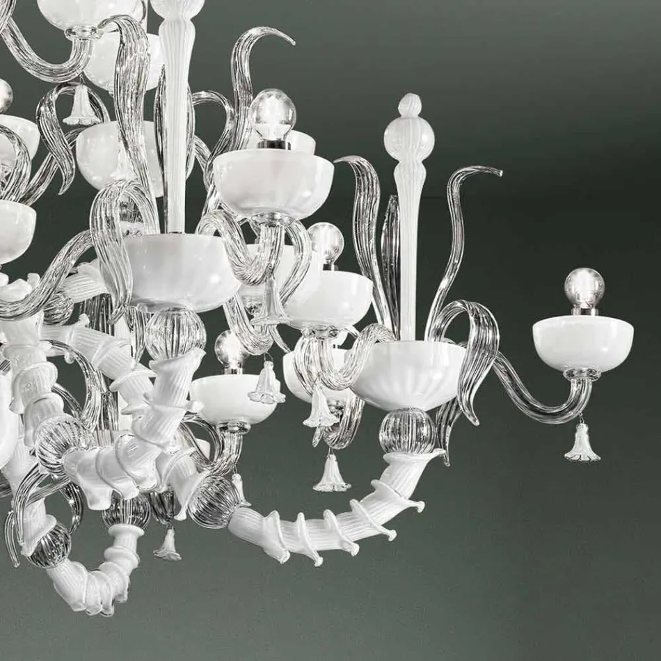Chandelier with 27 Lights in White Venice Glass, Handmade in Italy - Regina Viadurini