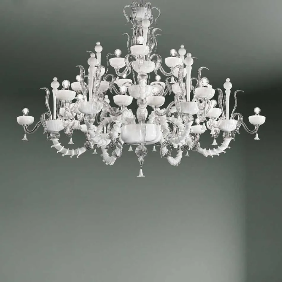 Chandelier with 27 Lights in White Venice Glass, Handmade in Italy - Regina Viadurini