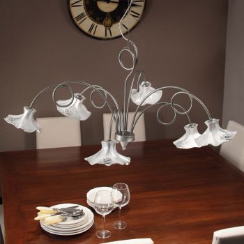 6 Light Handmade Chandelier in Glossy Ceramic with Roses - Lecco