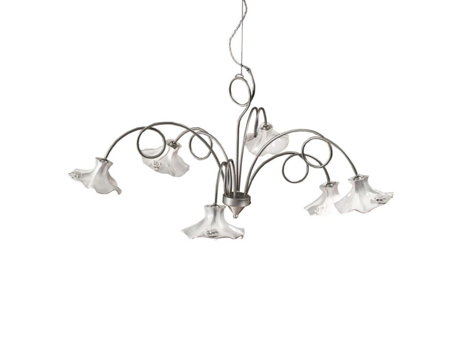 6 Light Handmade Chandelier in Glossy Ceramic with Roses - Lecco