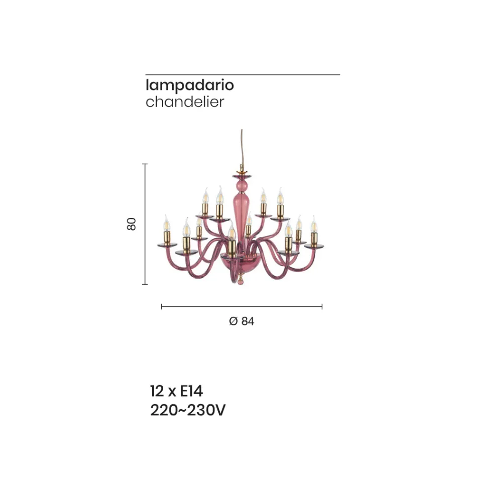 Classic Chandelier 12 Lights in Handmade Italian Glass and Metal - Oliver Viadurini
