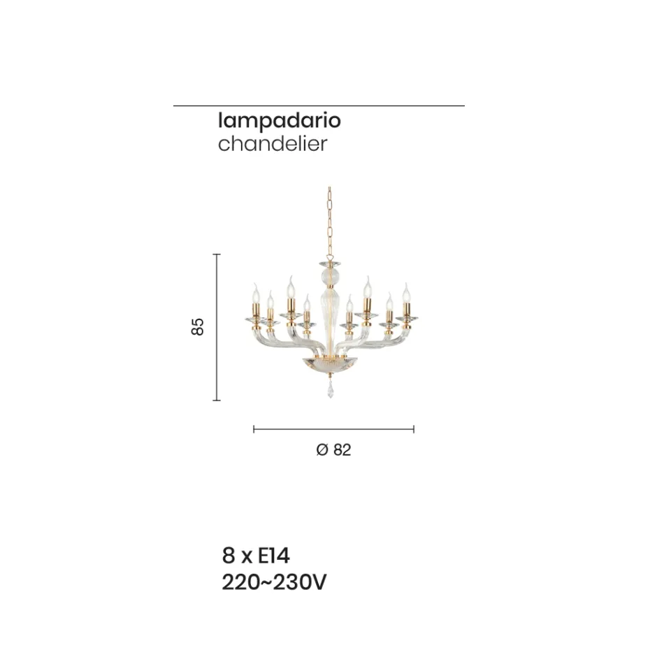 Classic 8 Lights Handmade Glass Rigaton and Metal Chandelier - Fievole Viadurini