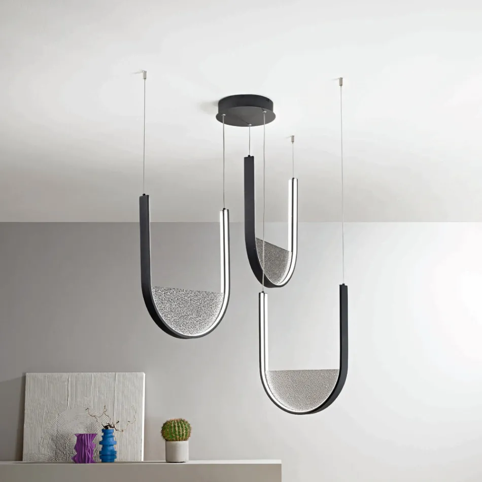 Chandelier with 3 LEDs with Removable Insert in Granulated Glass - Catalpa Viadurini