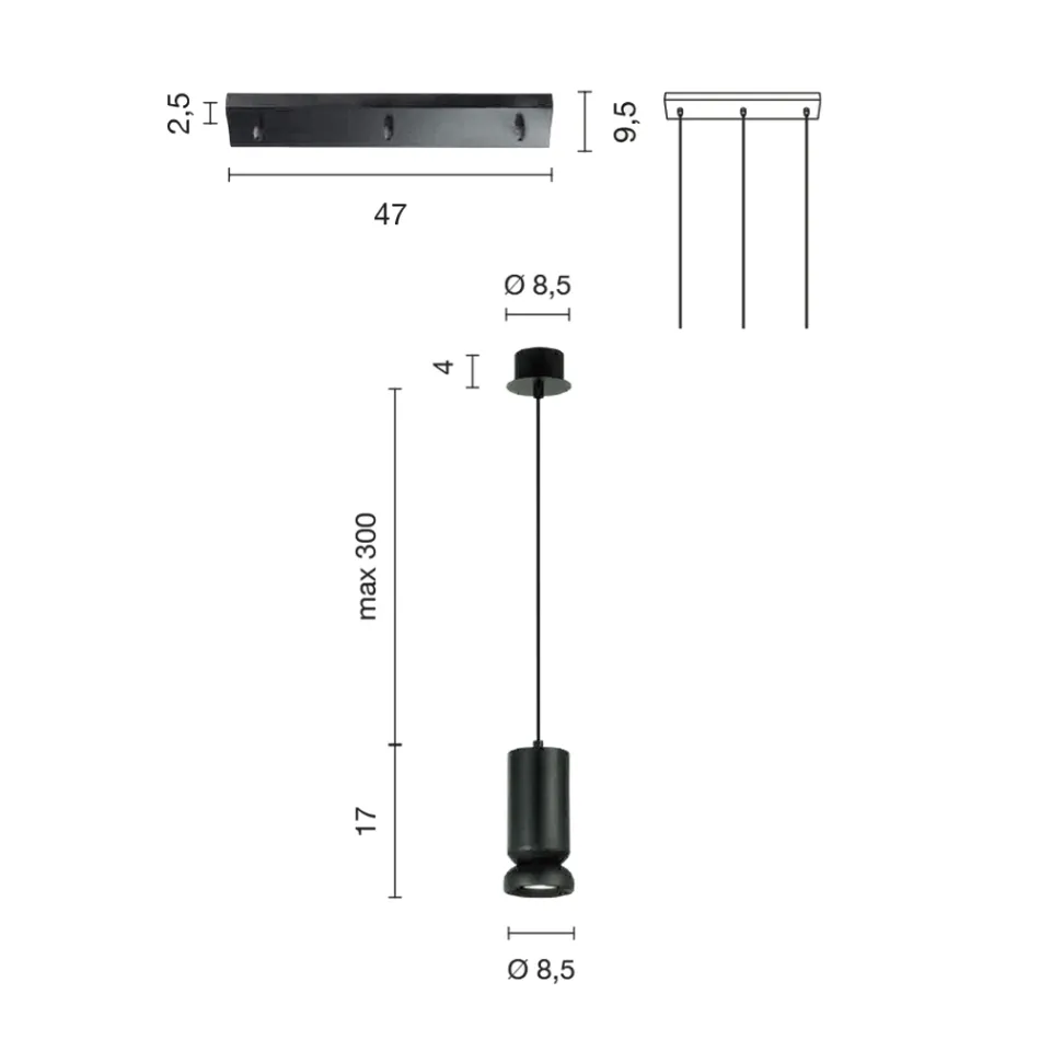 Chandelier with 3 LEDs in Powder Coated Aluminum and Adjustable Cable - Buxus Viadurini