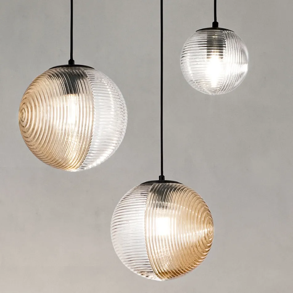 Chandelier with 3 Lights in Blown Glass in the Shape of a Sphere Made in Italy - Prilla Viadurini
