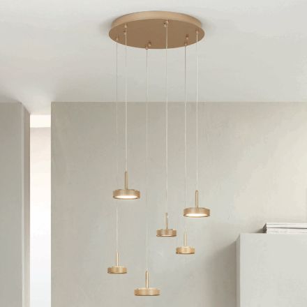 Chandelier with 6 LEDs and Round Base in Gold Painted Metal - Hornbeam Viadurini