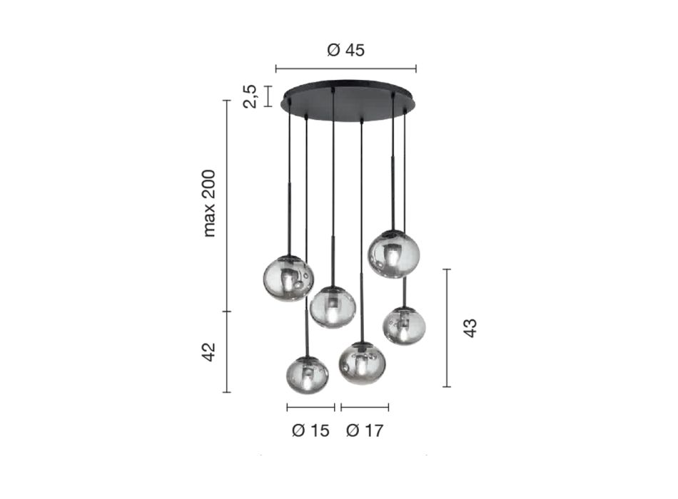 Chandelier with 6 LEDs in Black Painted Metal and Blown Glass - Ailanto Viadurini