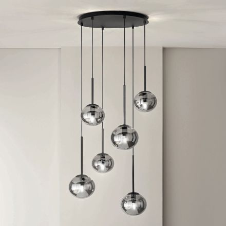 Chandelier with 6 LEDs in Black Painted Metal and Blown Glass - Ailanto Viadurini