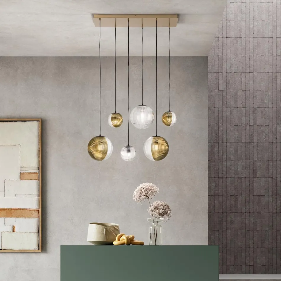 Chandelier with 6 Lights in Blown Glass in the Shape of a Sphere Made in Italy - Prilla Viadurini