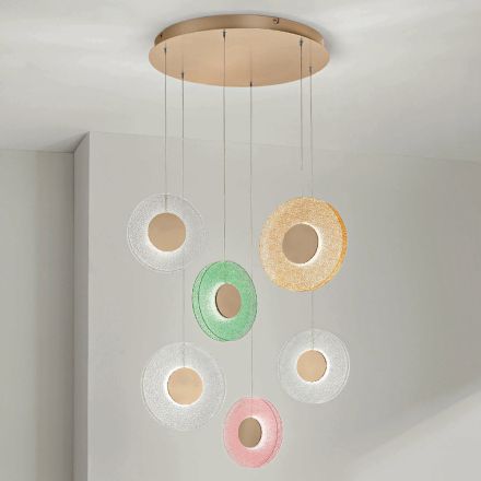 Chandelier with 6 LED Lights in Painted Metal and Colored Graniglia Glass - Albizia Viadurini