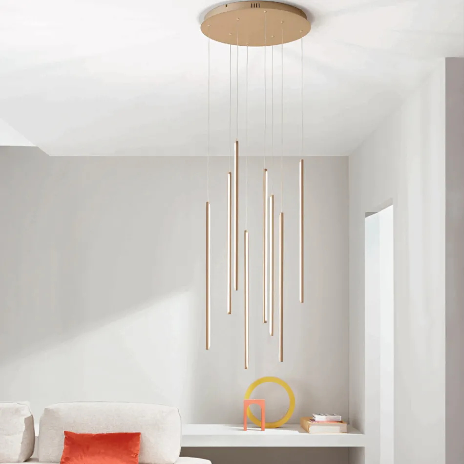 Chandelier with 8 LED Lights in Gold Painted Metal and Adjustable Cables - Orange Viadurini