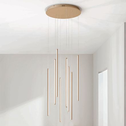 Chandelier with 8 LED Lights in Gold Painted Metal and Adjustable Cables - Orange Viadurini