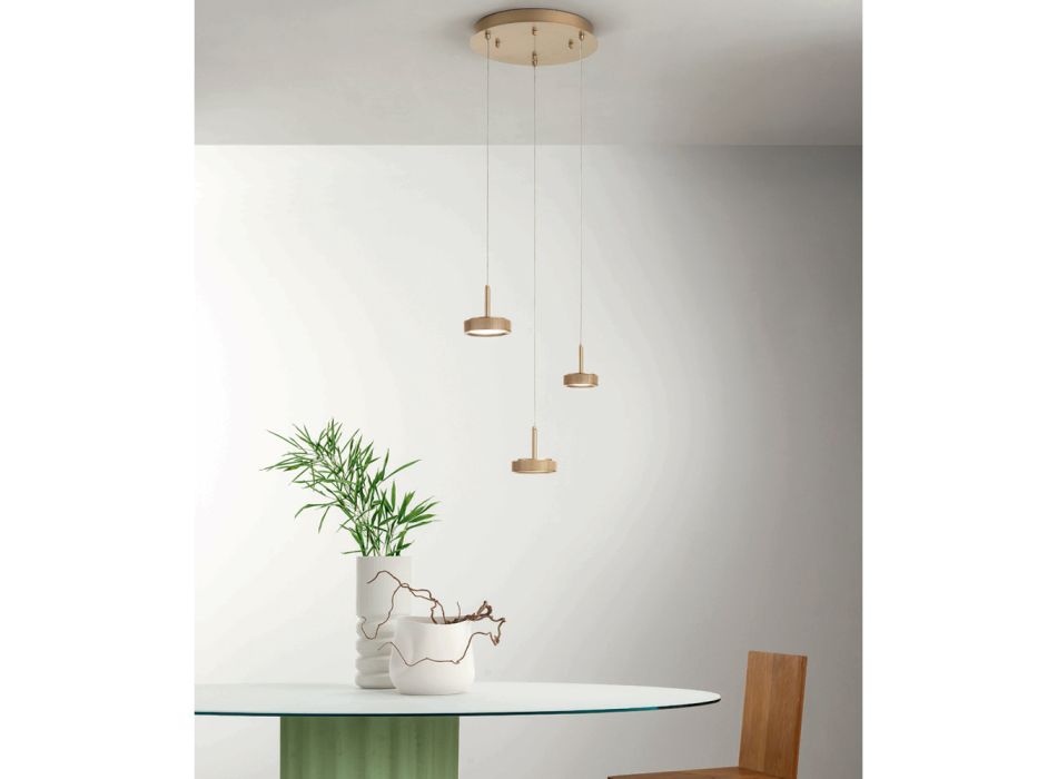 Chandelier with Round Base in Gold Painted Metal and LED Light - Hornbeam Viadurini
