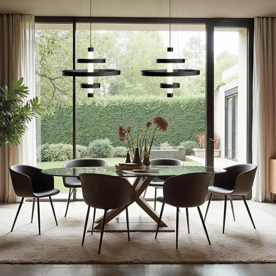 Chandelier with Glass Body and 3 Aluminum Circles - Clara Viadurini