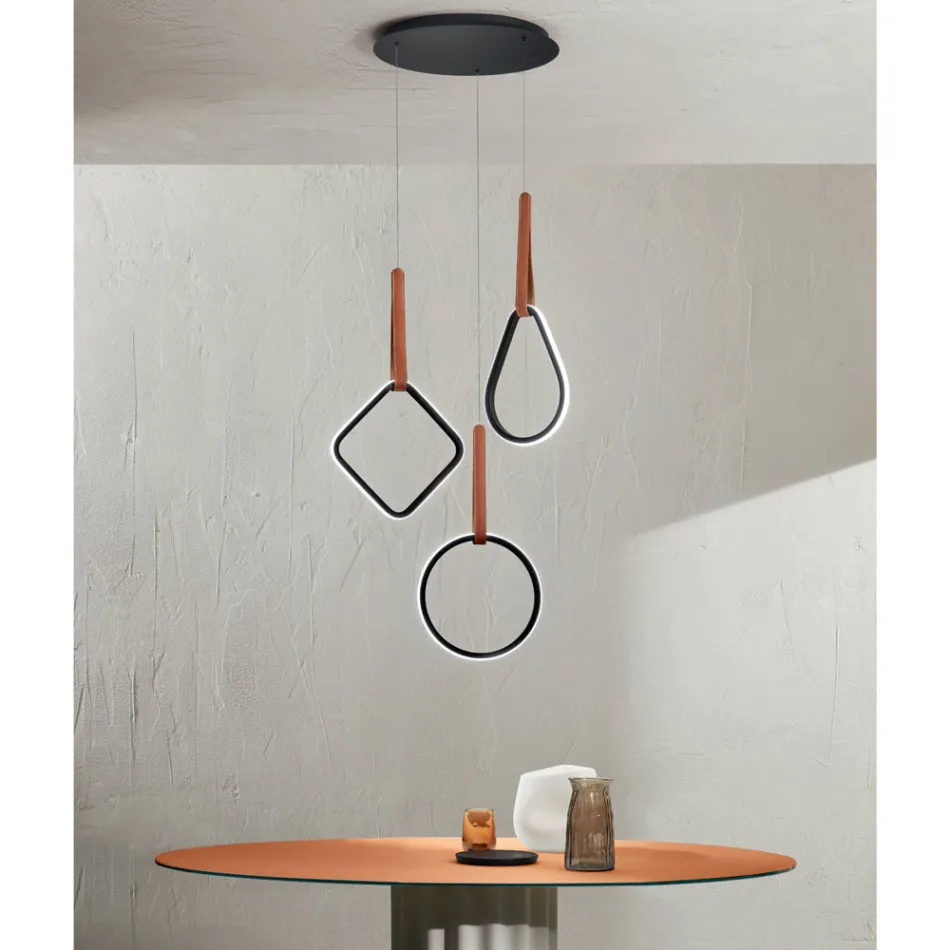 Modern Chandelier with Geometric Shapes in Metal and Faux Leather - Cypress Viadurini