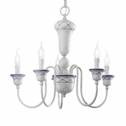 5 Lights Living Room Chandelier in Hand Painted Ceramic and Brass - Sanremo Viadurini